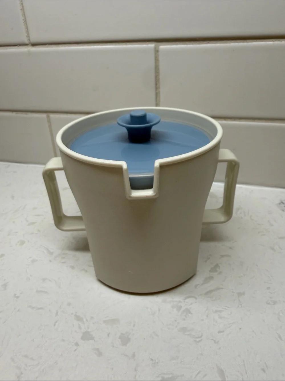 Vintage Tupperware Cream & Blue Two-Handle Sugar Bowl with Lid